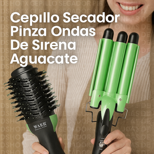 Cepillo Secador aguacate + Pinza Ondas de Sirena | Kit 2 en 1 Profesional